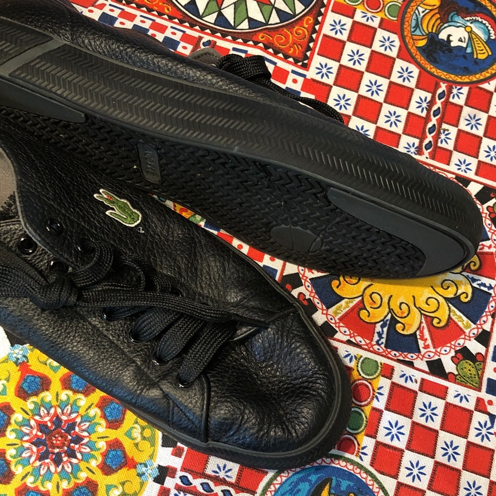 Lacoste Black Leather Lace-Up Sneakers with Green Croc Accent